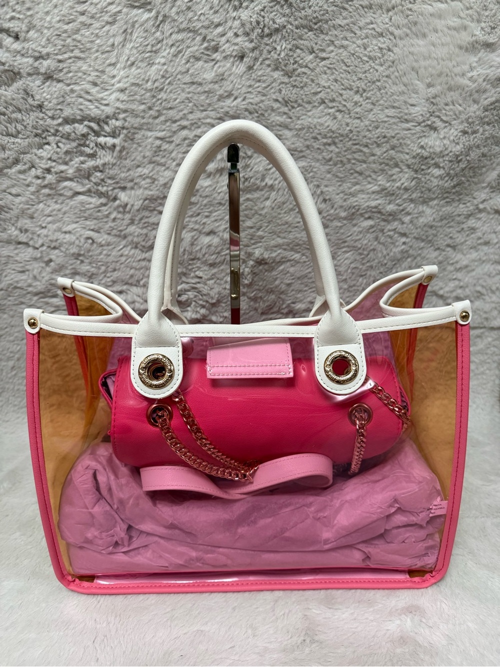 Juicy Couture Pink Clear Tote with White Handles and Gold Hardware
